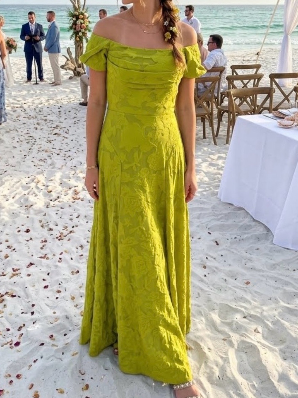 Off-Shoulder Lime Green Jacquard Maxi Dress